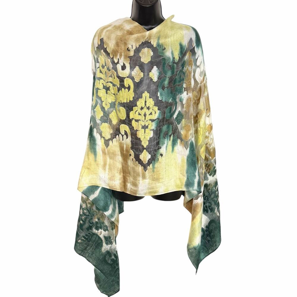 VTG Viscose Damask Burnout Floral Abstract Watercolor Scarf Wrap Green Yellow